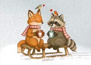 Carte canson renard et raton sur leur luge