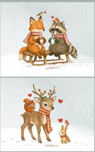 Pochette cerf d'hiver et renard + raton sur la luge GRAND format