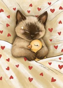 Le chat siamois et son doudou poussin